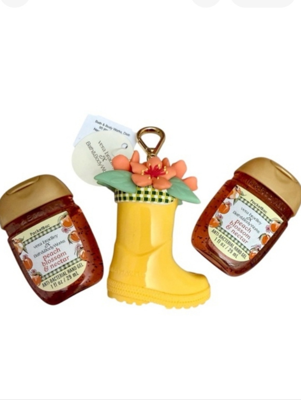 Vera Bradley Yellow Rain Boot Hand Sanitizer Holder with Peach Blossom Gel